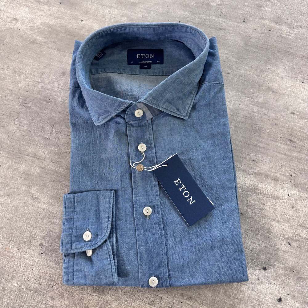 Eton Contemporary Indigo Cotton Long Sleeve Shirt 18.5/47 NEW Chambray Button Up